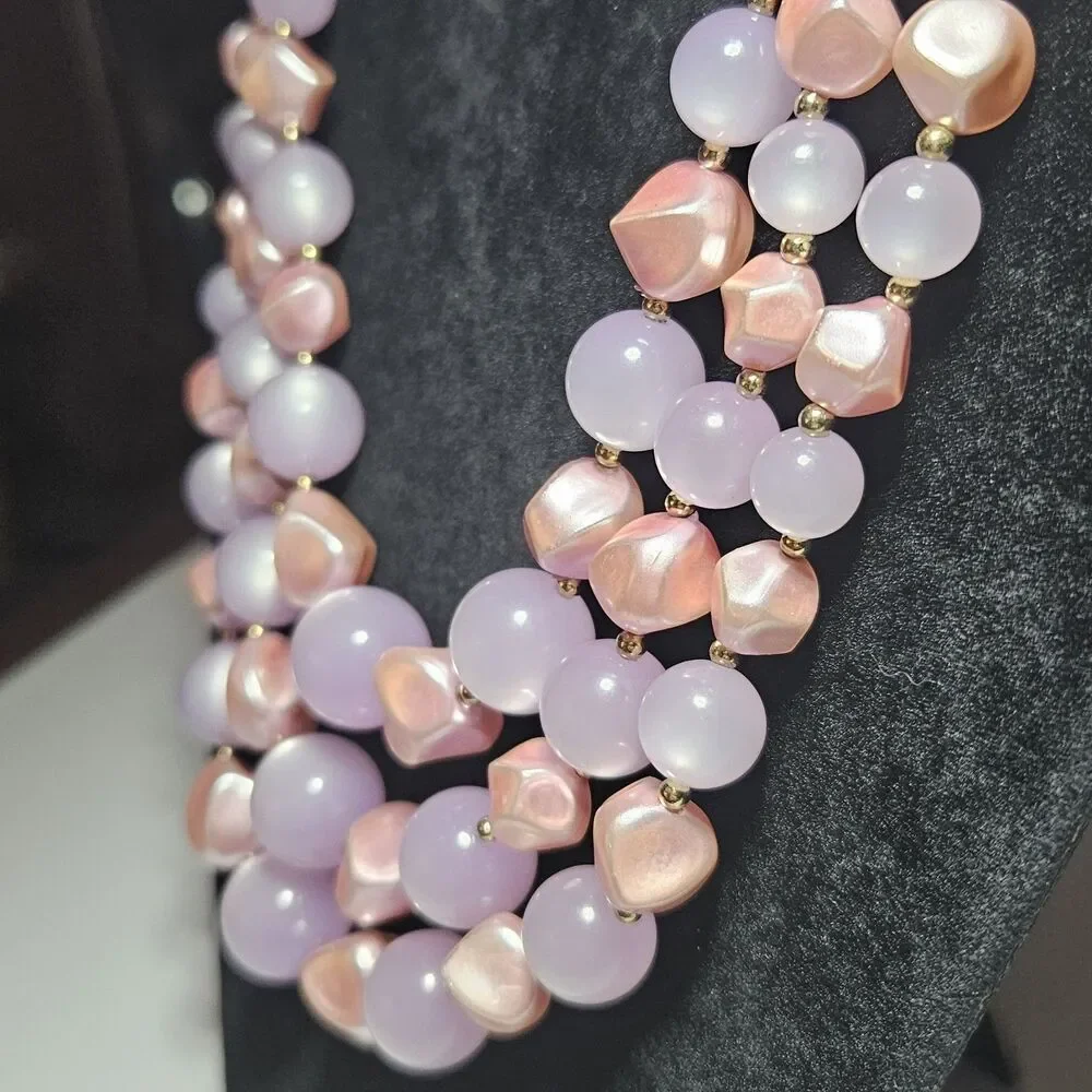 Coro Light Purple Pink Moonglow Lucite 3 Strand Beaded Necklace 16-19" - Picture 5 of 14